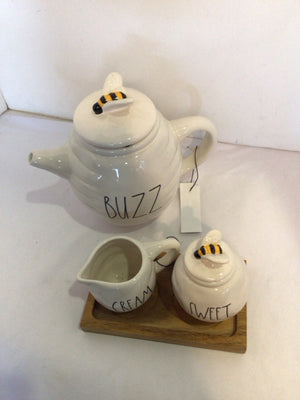 Rae Dunn Teapot White/Black Ceramic Bee Tea Pot Set