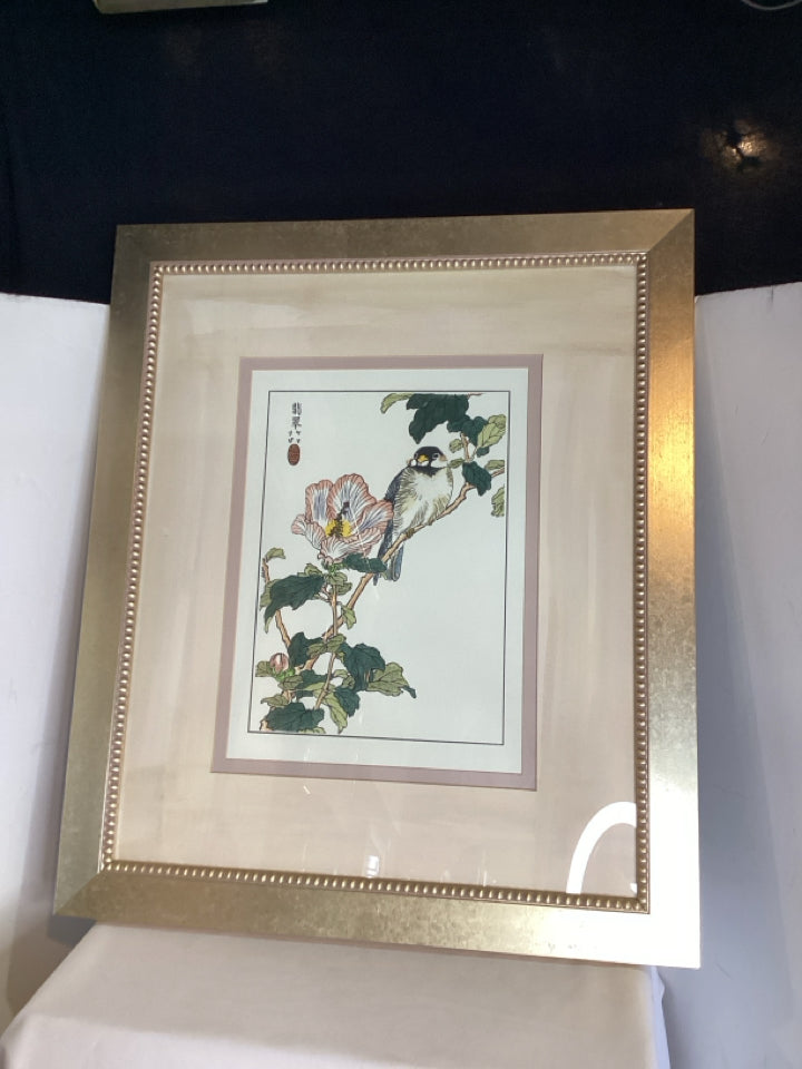 Green/multi Flower Bird Framed Art