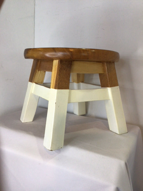 Cream/Brown Wood Round FootStool/Ottoman