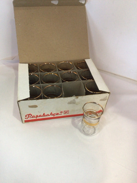 Turkish Set of 12 Clear/Gold Glass Tea Glasses