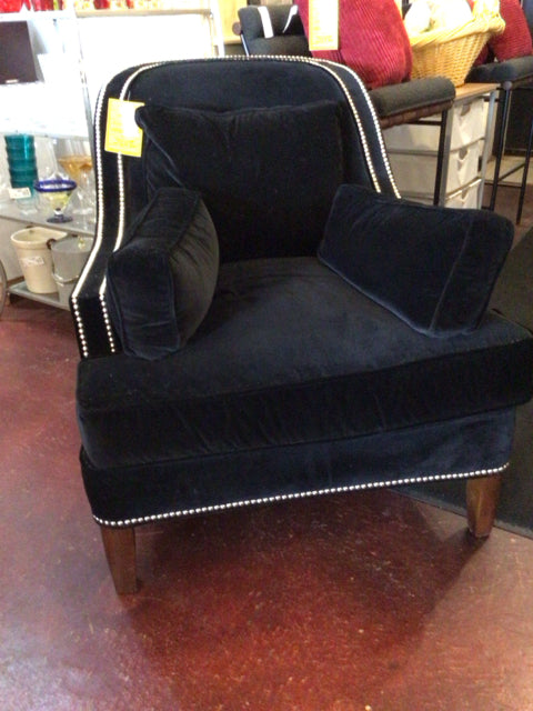 Century Bergere Velvet NailHead Black Chair