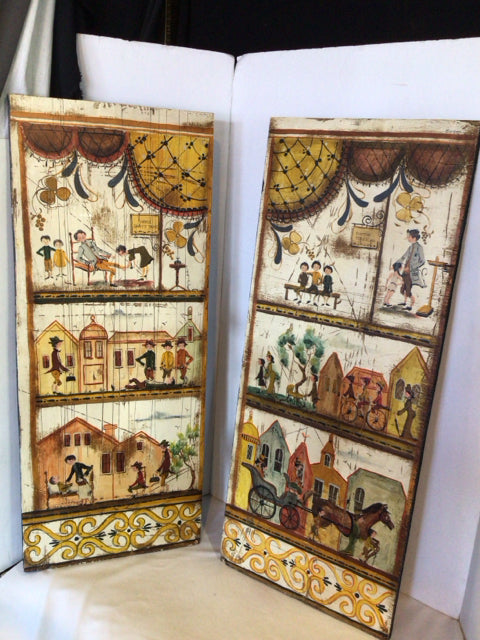 Painted Wood Folk Pair Multi-Color Wall Decoration Art