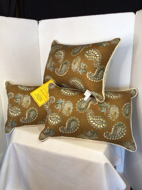 Set of 3 Brown/Blue Cotton Paisley Pillow Set