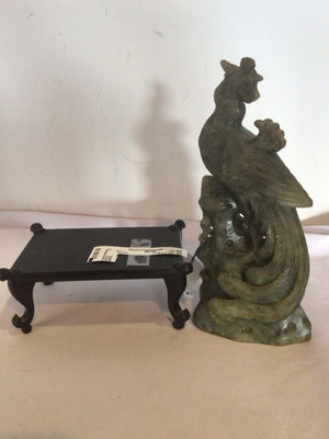 2 Piece Green Soapstone Peacock On Stand Figurine