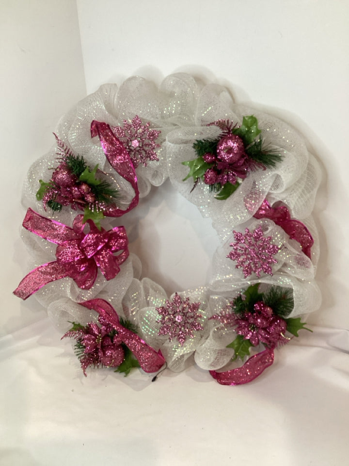 Wreath Pink/white Ribbon Bows Snowflake Holiday Item