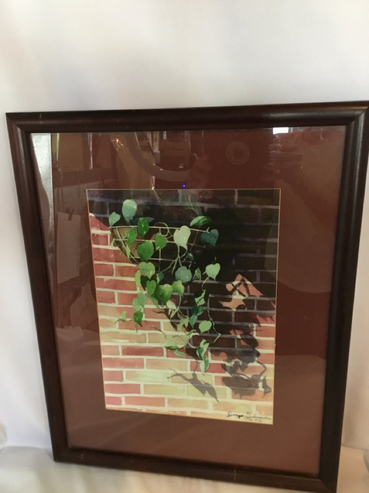 Signed Red/Green Plant Framed Art