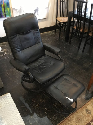 Mid-Century Leather 2 Piece Recliner Black Chair & Ottoman