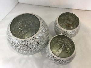 Set of 3 Silver/White Glass Mosaic Candle Holders