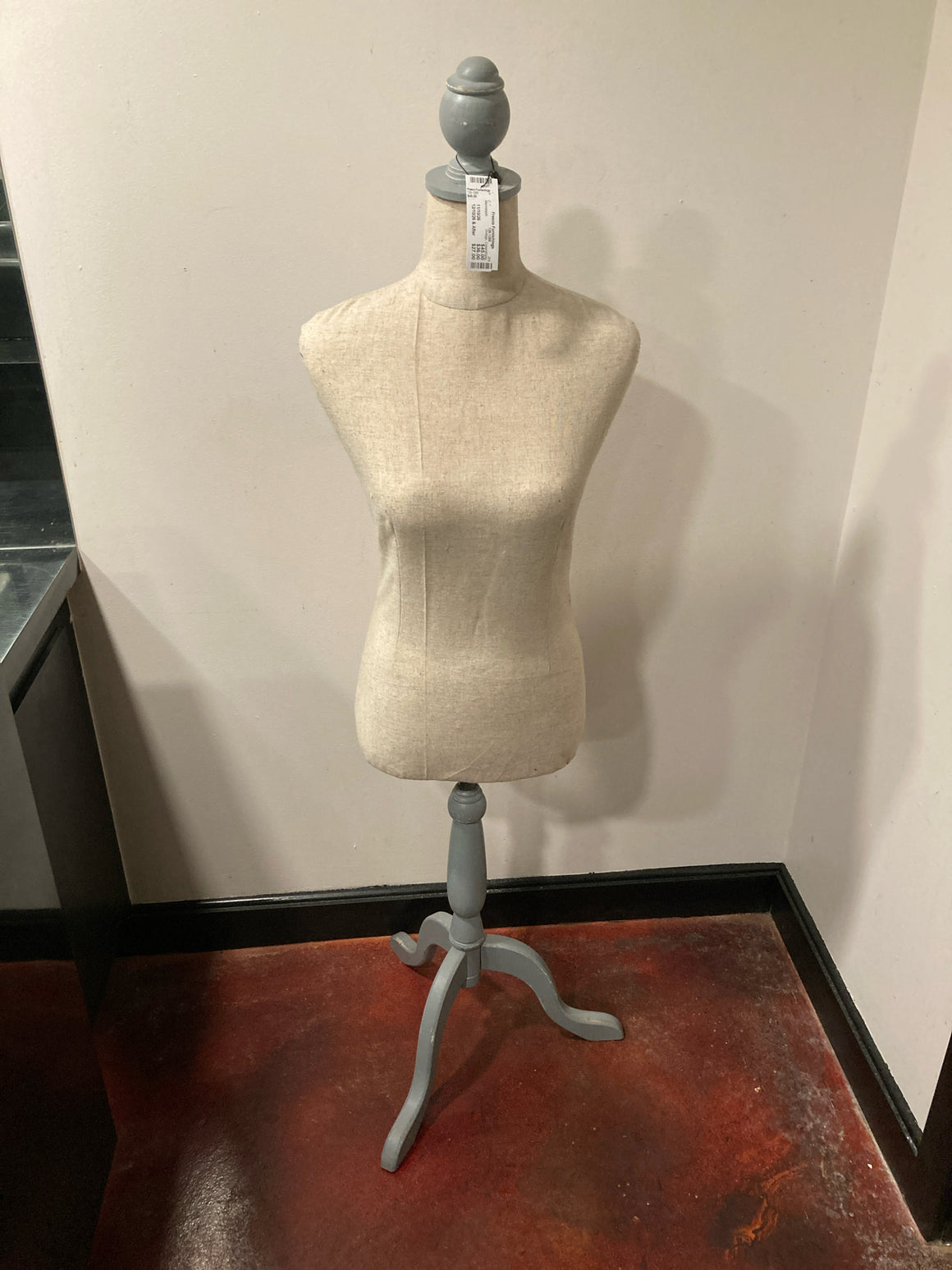 Vintage Cream/Gray Wood Base Dress Form On Stand Mannequin