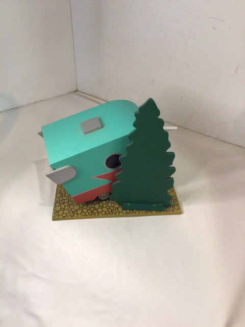 Whimsical Aqua/Tan Wood Camper Bird House