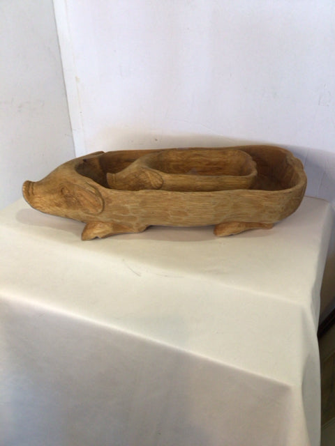 Rustic Tan Wood Carved Pig Set of 2 Bowl
