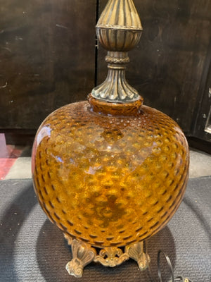 Hollywood Regency Amber Glass Hobnail Lamp Set