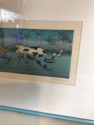 Signed Blue/Multi Dogs Framed Art