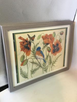Signed Multi-Color Flowers Birds Framed Art