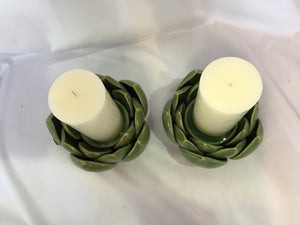 Arhaus W/Candle Green Ceramic Lotus Candle Holders