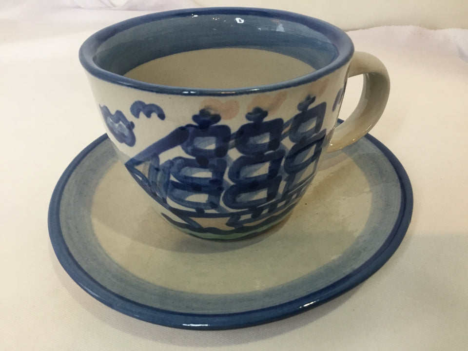 M.A. Hadley 2 Piece Gray/Blue Stoneware Cup/Saucer