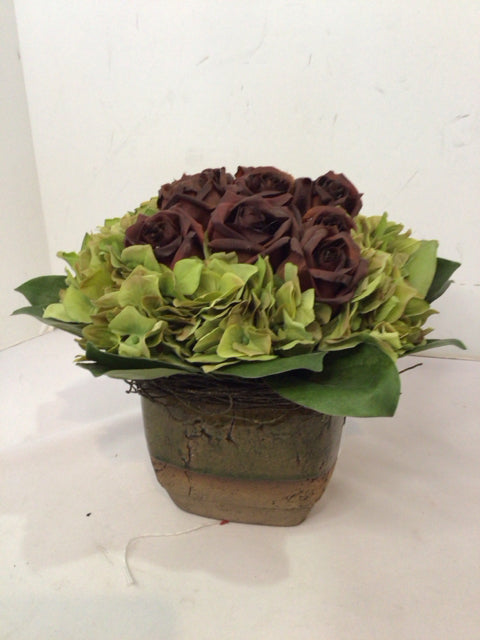 Green/Purple Roses In Planter Faux Flowers