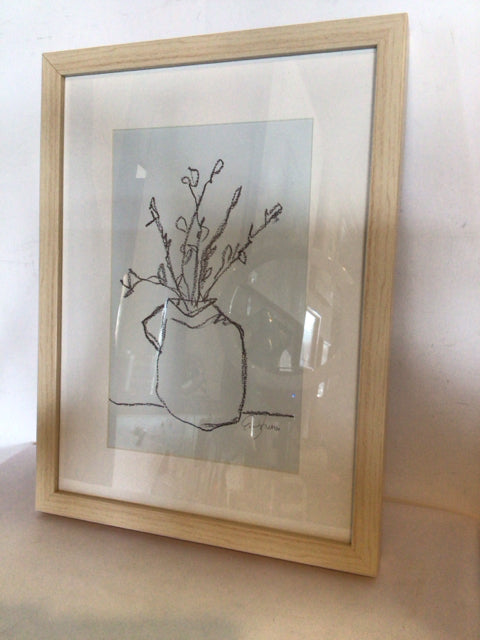 Signed Sketch Black/White Flowers In Vase Framed Art