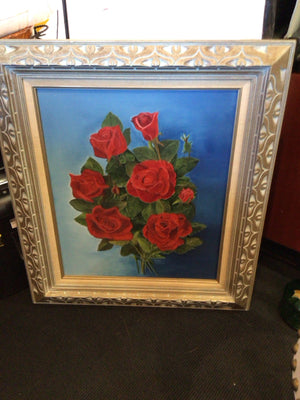 Signed Red/Green Oil painting Roses Framed Art