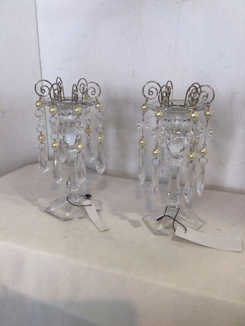Pair Clear/Silver Glass/Metal Candle Holders