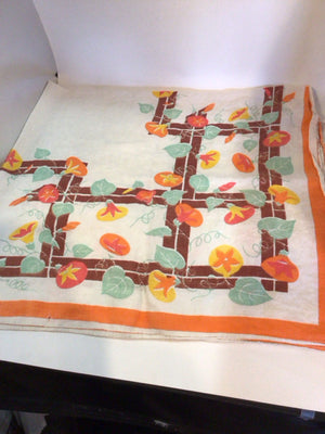 Vintage White/Orange Cotton Floral As Is Tablecloth