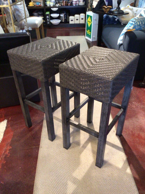 Pair Resin Wicker Outdoor/Outside Charcoal Barstool/Bar Stool