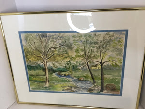 Signed Blue/Green Stream Trees Framed Art