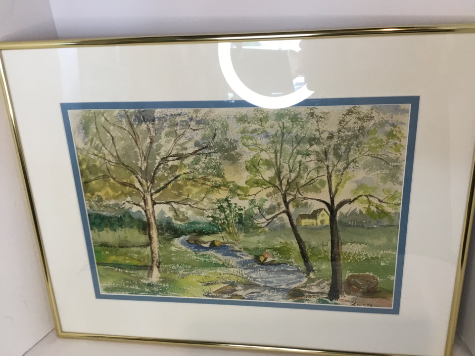 Signed Blue/Green Stream Trees Framed Art