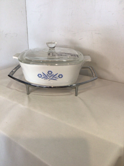 Corningware w/Base White/Blue Glass Flowers Dish