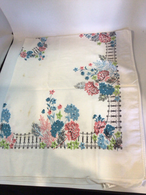 Vintage Blue/Pink Cotton Floral As Is Tablecloth
