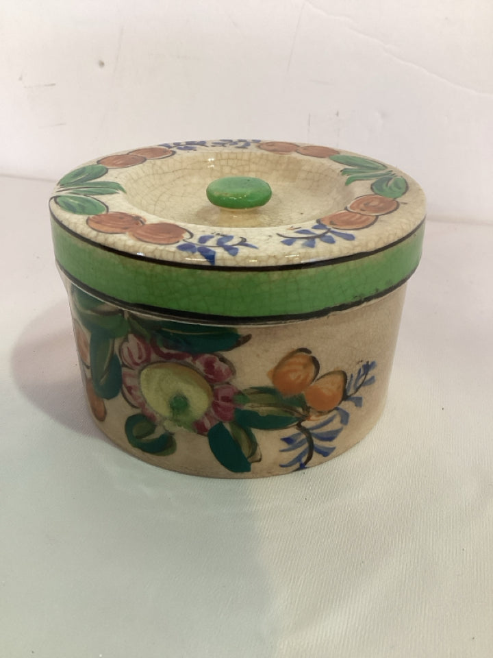 Hand Painted Green/Tan Porcelain Jar