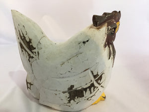 Folk Art White/Brown Wood Rooster Figurine