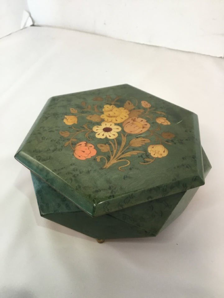 Octagonal Green Wood Floral Music Box