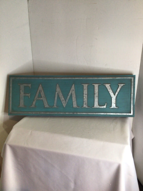 Sign Metal Family Silver/Aqua Wall Decoration Art