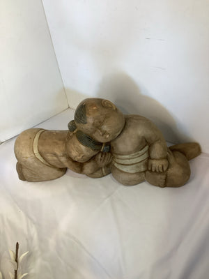 Asian Brown Wood Carved Babies Sculpture