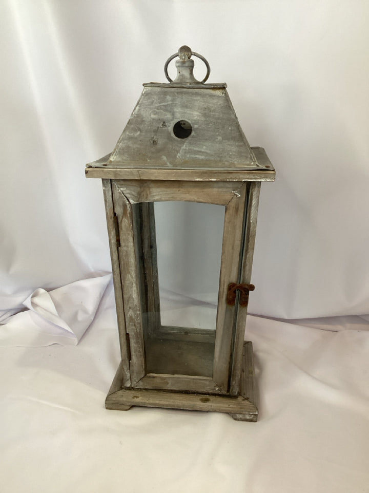 Vintage Candleholder Gray Wood/Metal Lantern