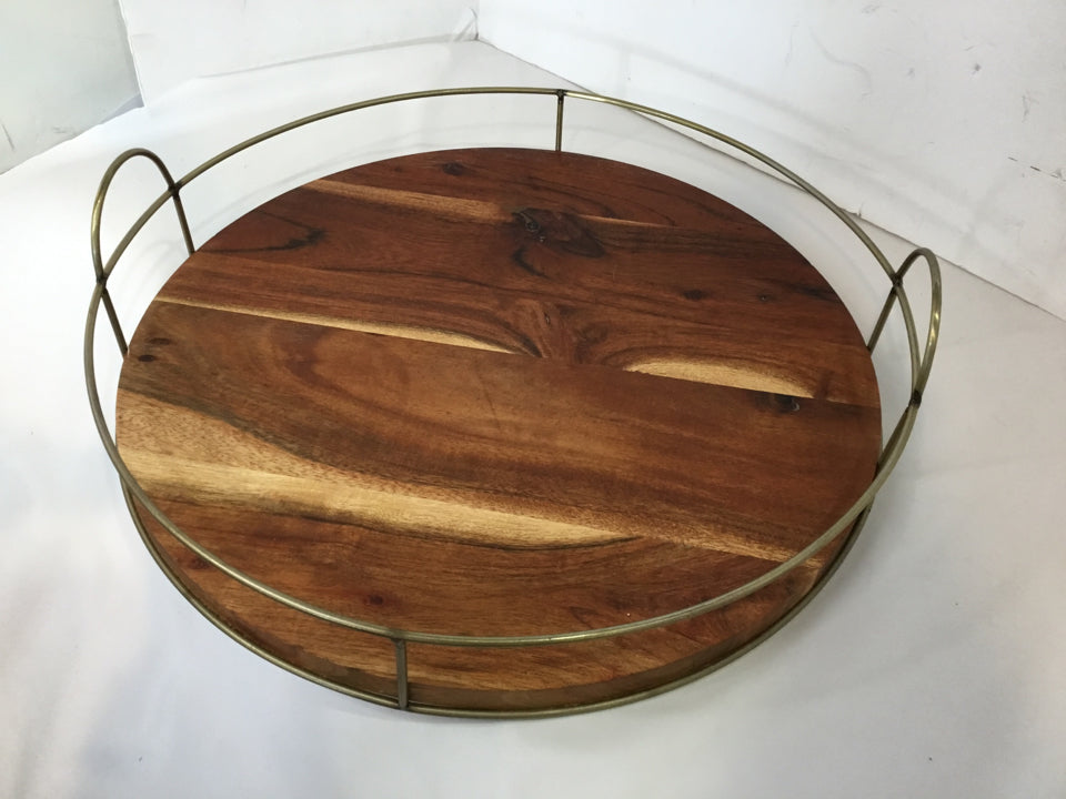 Brown/Gold Wood/Metal Round Tray