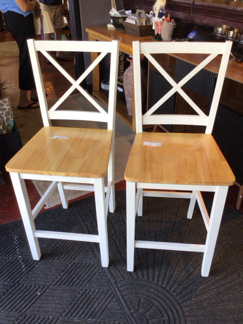 Pair Wood Bar Natural/White Barstool/Bar Stool