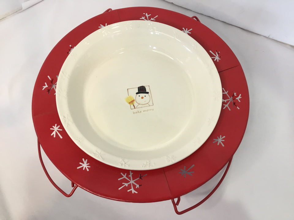 Christmas Red/white Ceramic/Metal Tray 2 piece Holiday Item