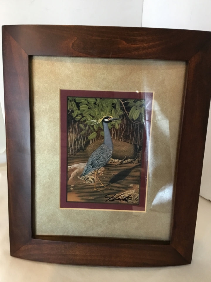 Signed Brown/Blue Heron Framed Art