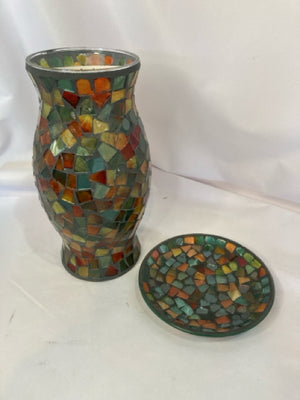 2 Piece Multi-Color Glass Mosaic Candle Holder