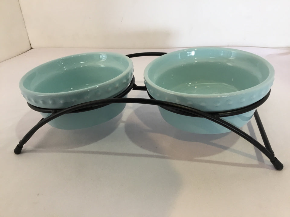 Pair Aqua/Black Ceramic/Metal Cat Dish