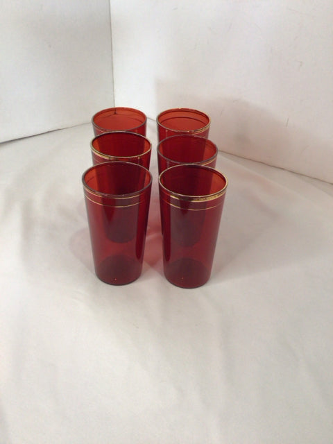 Set of 6 Red/Gold Glass Glasses