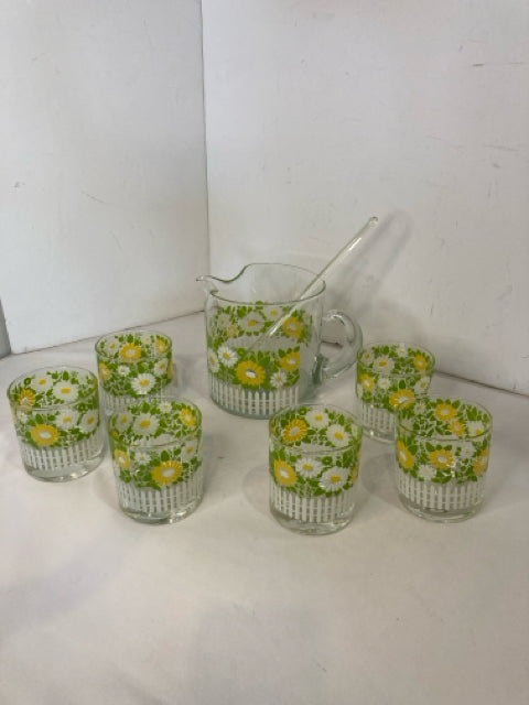 8 Pieces Green/Yellow Glass Flowers Pitcher Set
