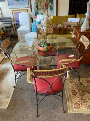 Indoor/outdoor Wrought Iron Glass Top Red/Black Table & Chairs