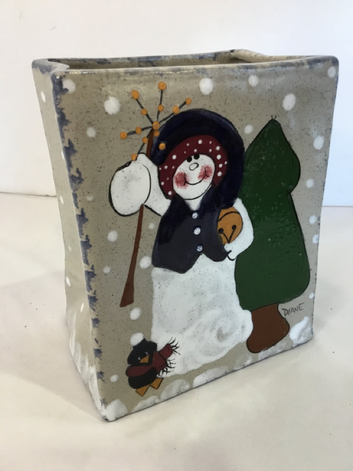 Christmas Gray/blue Ceramic Vase Snowman Holiday Item