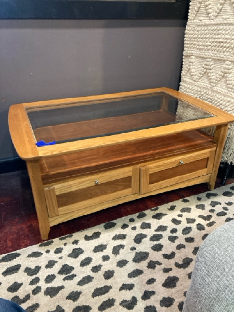 Coffee Wood/Glass AS IS 2 Drawer Brown Table