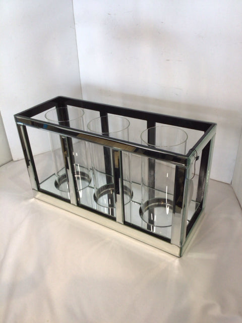 Silver Metal/Glass 3 piece set Mirror Candle Holder