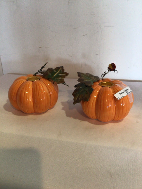 Candle Holder Orange Ceramic Pumpkin Pair Holiday Item