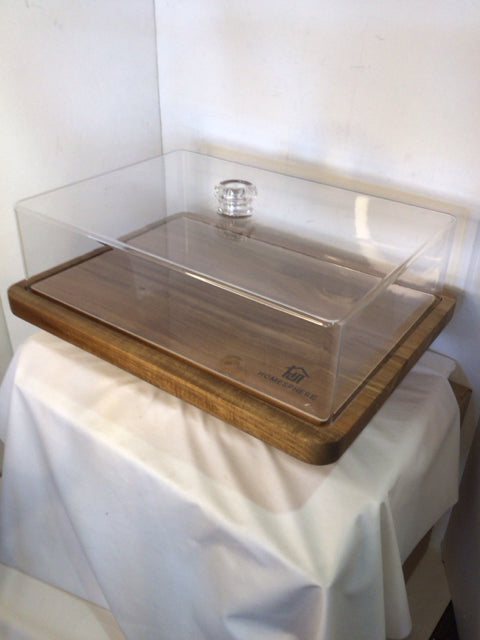 W/Lid Clear/Brown Wood Rectangle Cake Plate/Stand